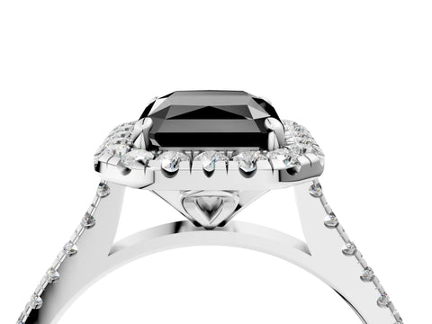 White gold Fancy Black Radiant Cut Diamond Cushion Halo Ring with Pavé Band_16