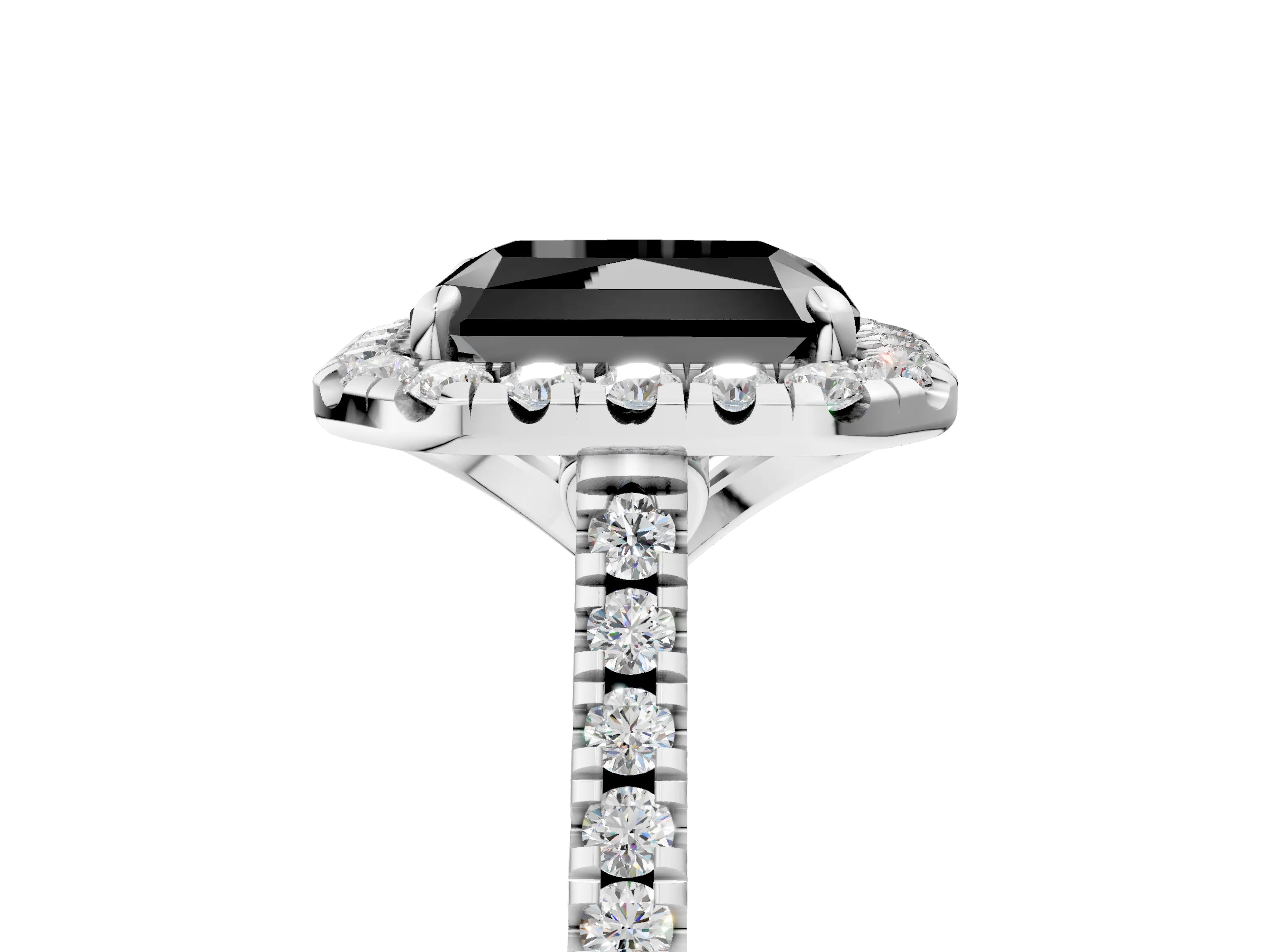 White gold Fancy Black Radiant Cut Diamond Cushion Halo Ring with Pavé Band_17