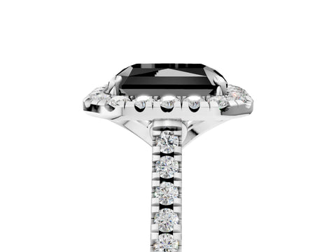 White gold Fancy Black Radiant Cut Diamond Cushion Halo Ring with Pavé Band_17
