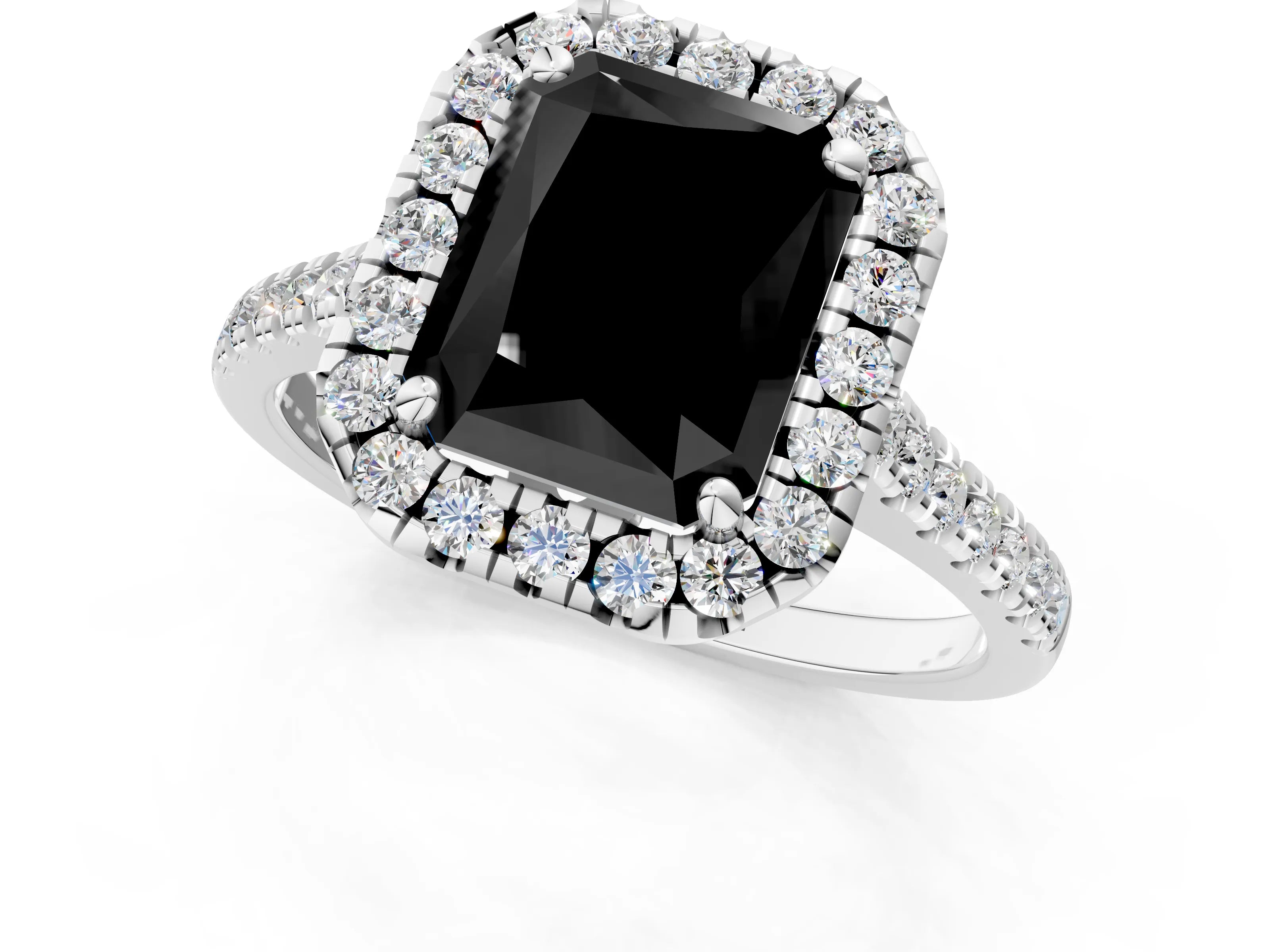 White gold Fancy Black Radiant Cut Diamond Cushion Halo Ring with Pavé Band_1