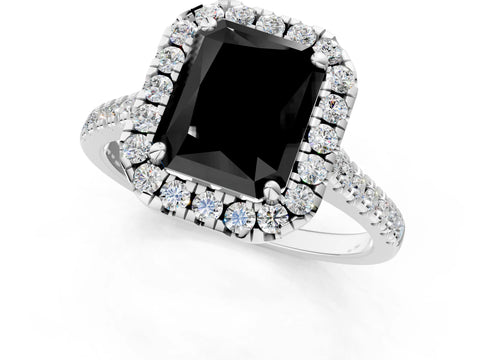 White gold Fancy Black Radiant Cut Diamond Cushion Halo Ring with Pavé Band_1