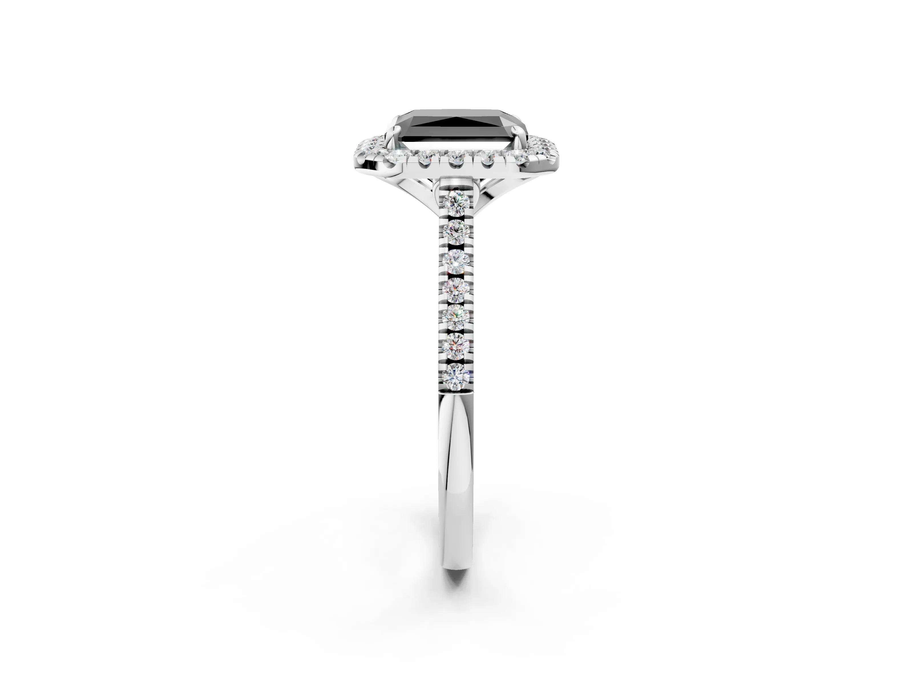 White gold Fancy Black Radiant Cut Diamond Cushion Halo Ring with Pavé Band_2
