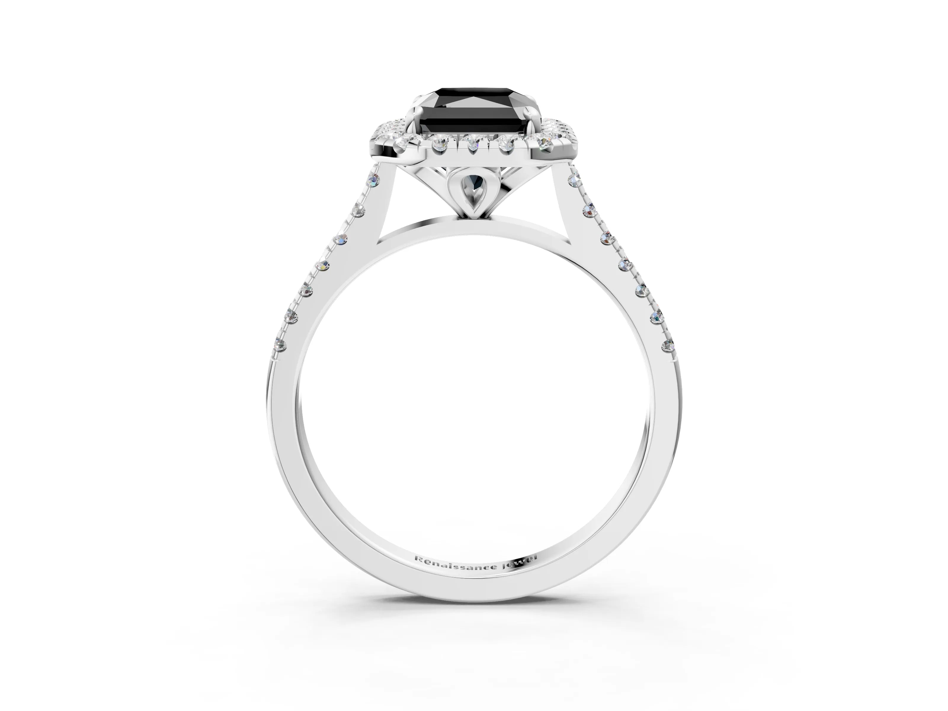 White gold Fancy Black Radiant Cut Diamond Cushion Halo Ring with Pavé Band_3