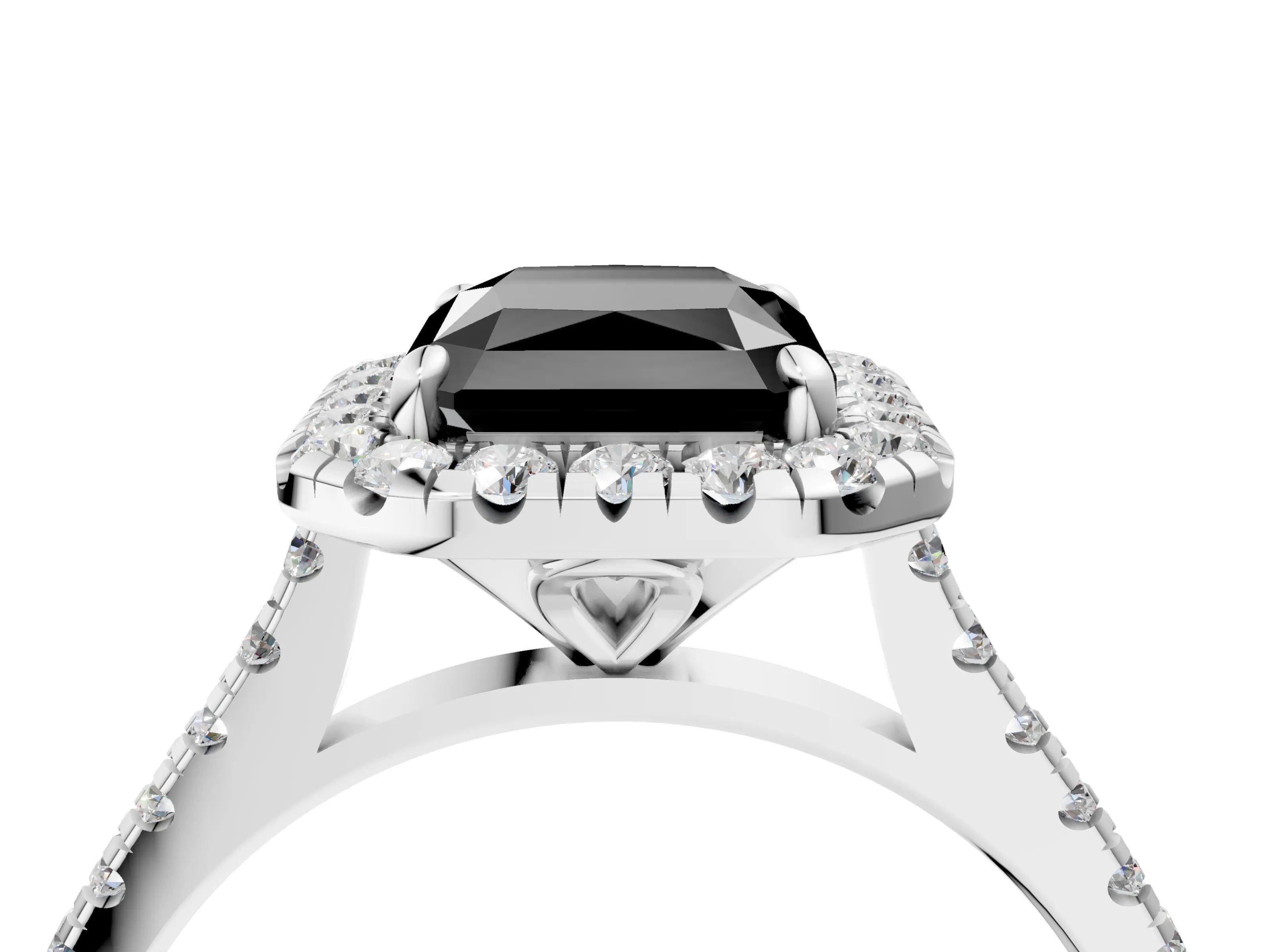 White gold Fancy Black Radiant Cut Diamond Cushion Halo Ring with Pavé Band_4