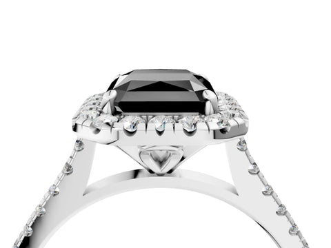 White gold Fancy Black Radiant Cut Diamond Cushion Halo Ring with Pavé Band_4