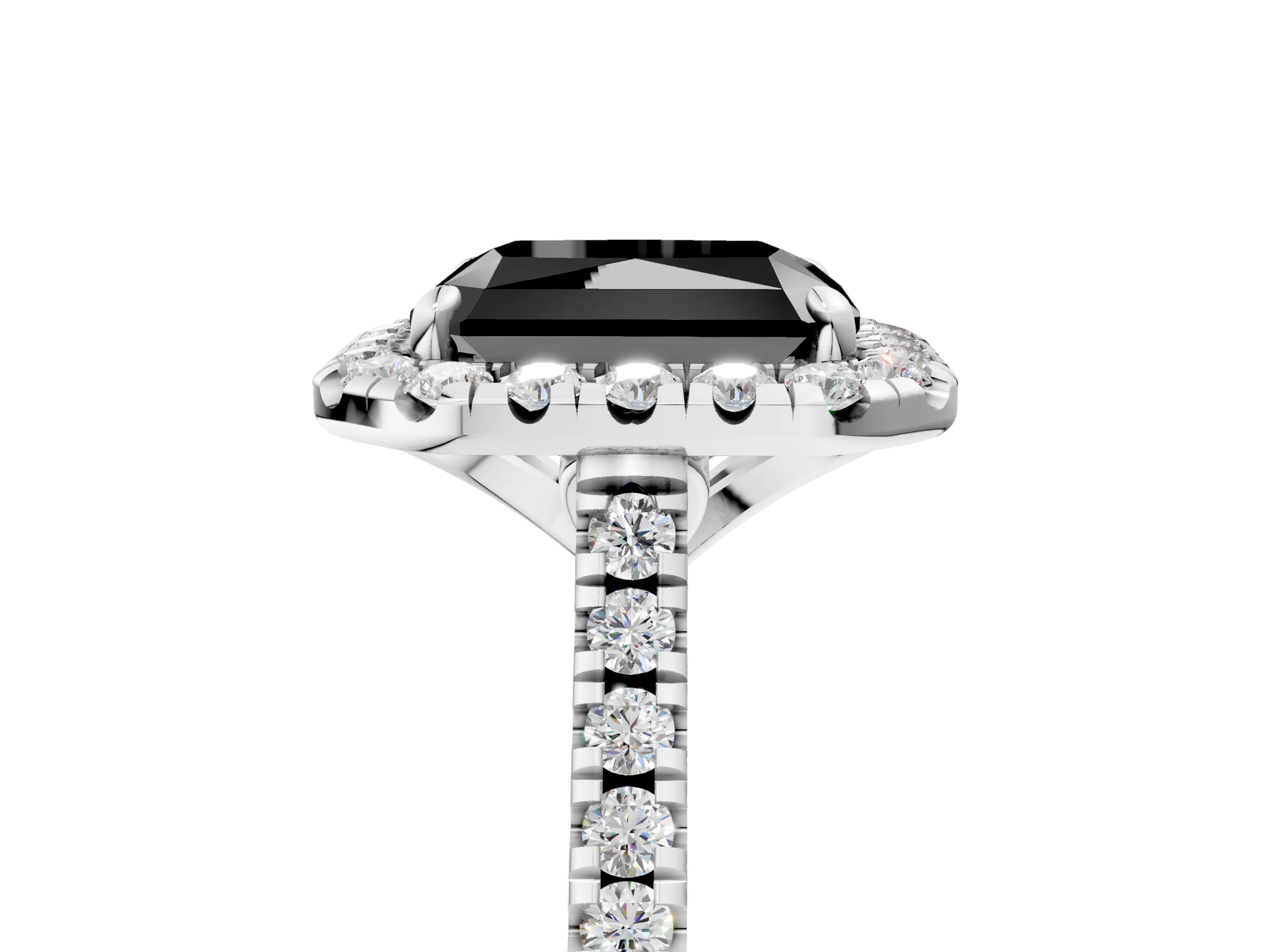 White gold Fancy Black Radiant Cut Diamond Cushion Halo Ring with Pavé Band_5