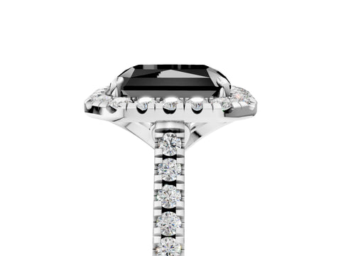 White gold Fancy Black Radiant Cut Diamond Cushion Halo Ring with Pavé Band_5