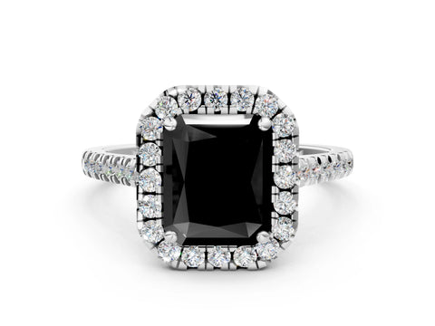 White gold Fancy Black Radiant Cut Diamond Cushion Halo Ring with Pavé Band