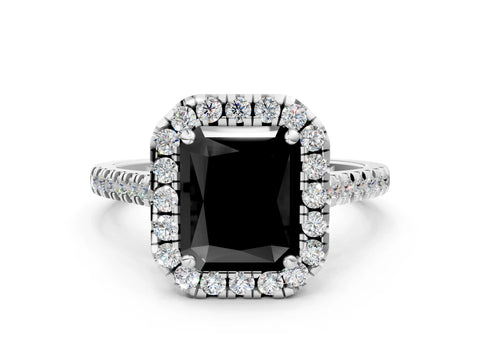 White gold Fancy Black Radiant Cut Diamond Cushion Halo Ring with Pavé Band