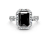 White gold Fancy Black Radiant Cut Diamond Double Halo Ring with Split Shank and Four-Prong Setting