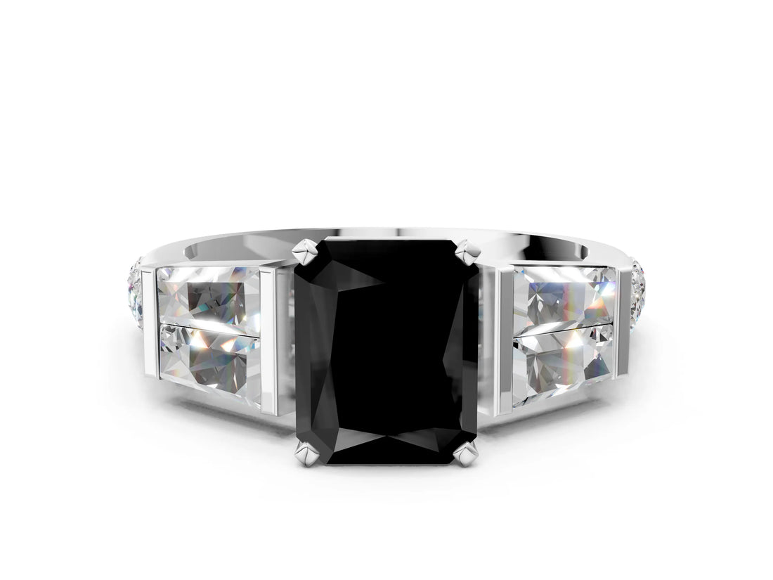 White gold Fancy Black Radiant Cut Diamond Engagement Ring with Baguette Side Stones and Channel Set Band_12