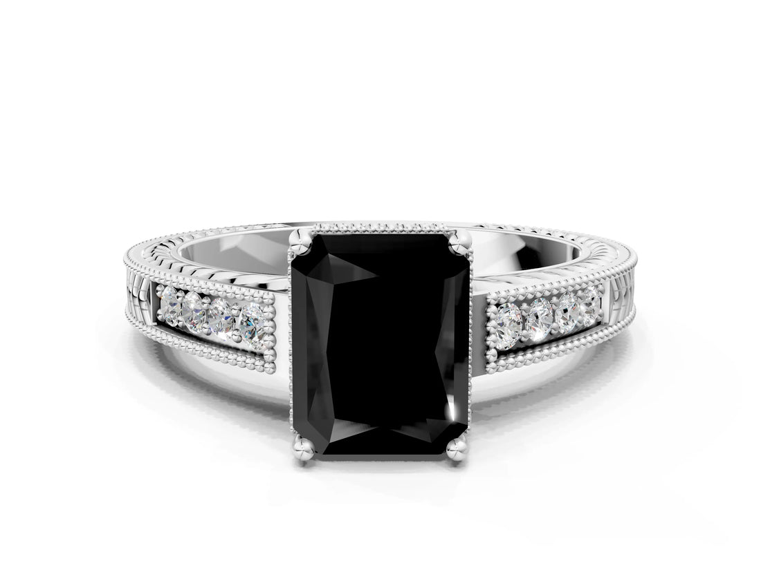 White gold Fancy Black Radiant Cut Diamond Engagement Ring with Milgrain Channel Set Band and Prong Setting