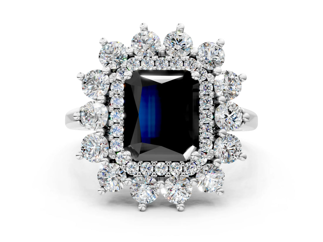 White gold Fancy Black Radiant Cut Diamond Floral Double Halo Engagement Ring with Prong Setting_84