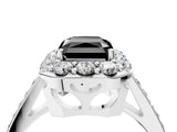 White gold Fancy Black Radiant Cut Diamond Floral Halo Ring with Pavé Band and Prong Setting_11