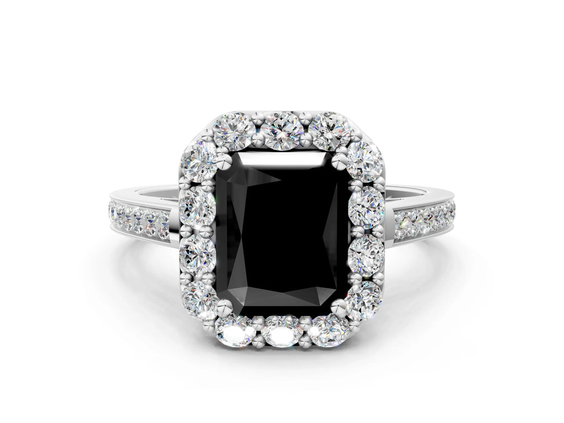 White gold Fancy Black Radiant Cut Diamond Floral Halo Ring with Pavé Band and Prong Setting_7