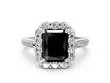 White gold Fancy Black Radiant Cut Diamond Floral Halo Ring with Pavé Band and Prong Setting_7