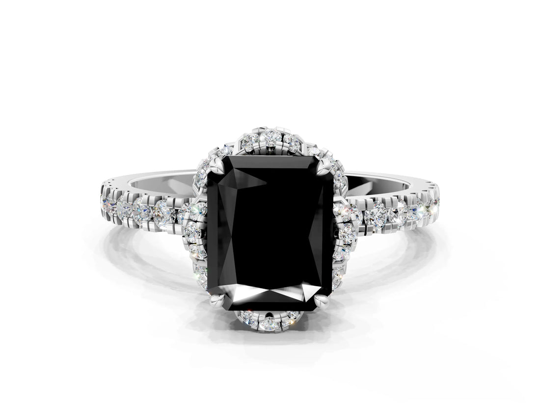 White gold Fancy Black Radiant Cut Diamond Halo Pave Band with Four-Prong Setting_3