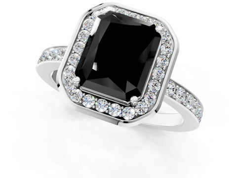 White gold Fancy Black Radiant Cut Diamond Halo Ring with Bezel Frame and Pavé Band_1