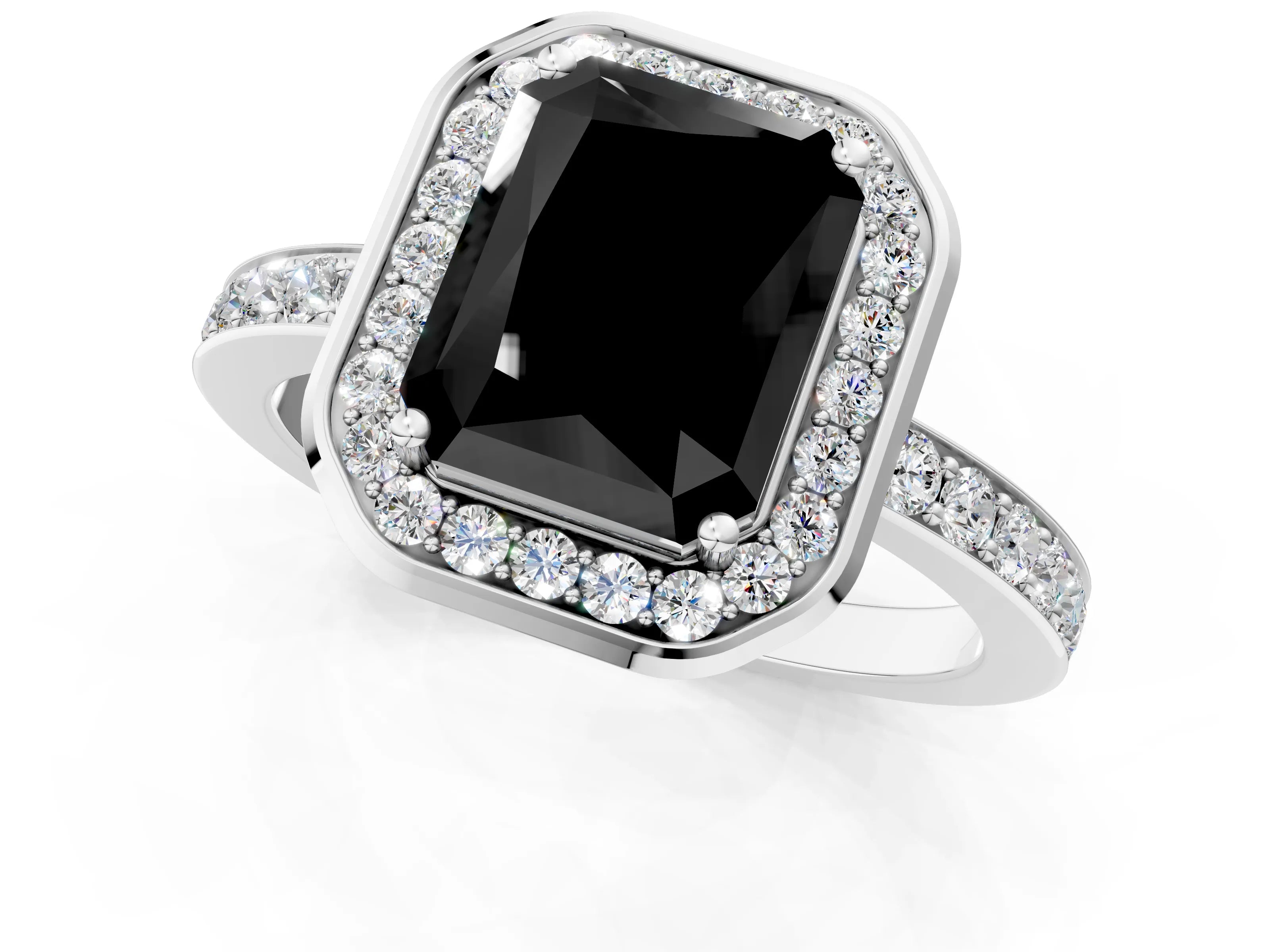 White gold Fancy Black Radiant Cut Diamond Halo Ring with Bezel Frame and Pavé Band_1