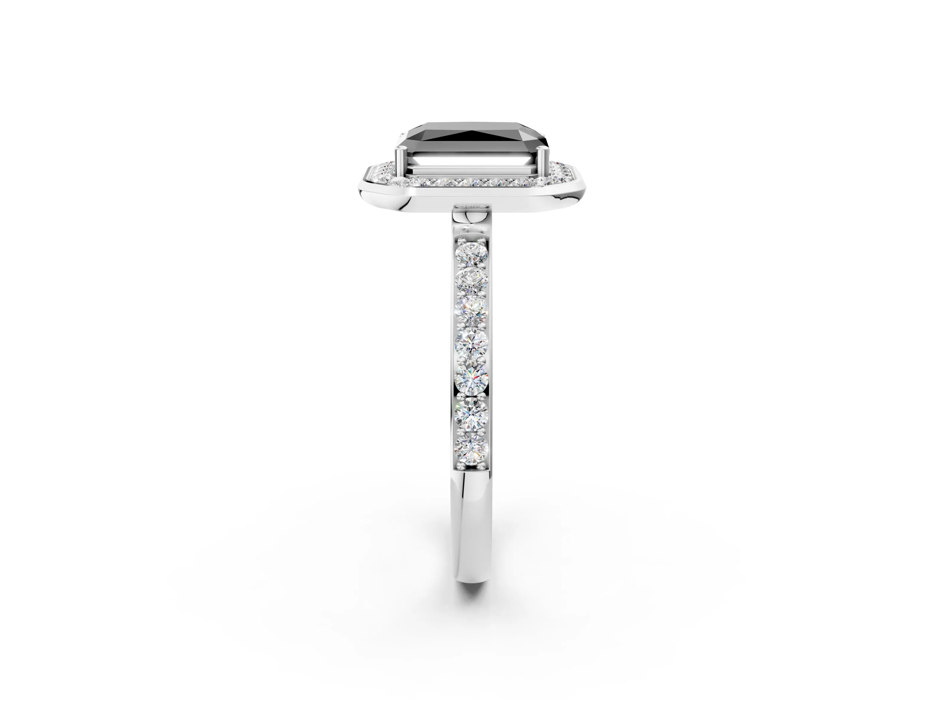 White gold Fancy Black Radiant Cut Diamond Halo Ring with Bezel Frame and Pavé Band_2