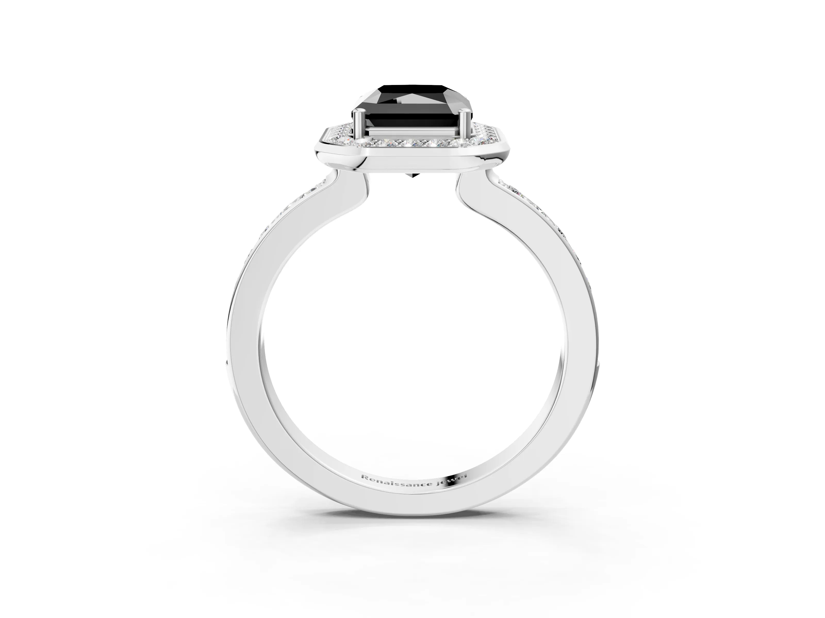 White gold Fancy Black Radiant Cut Diamond Halo Ring with Bezel Frame and Pavé Band_3
