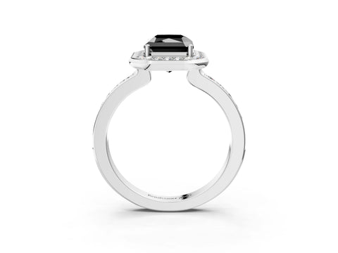 White gold Fancy Black Radiant Cut Diamond Halo Ring with Bezel Frame and Pavé Band_3
