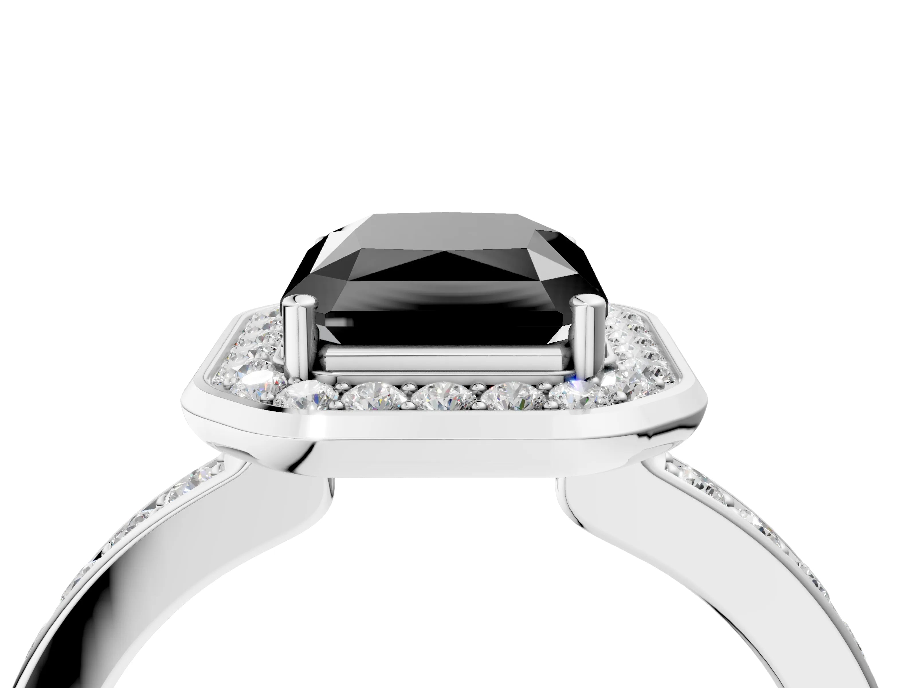 White gold Fancy Black Radiant Cut Diamond Halo Ring with Bezel Frame and Pavé Band_4