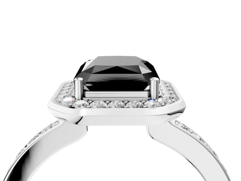 White gold Fancy Black Radiant Cut Diamond Halo Ring with Bezel Frame and Pavé Band_4