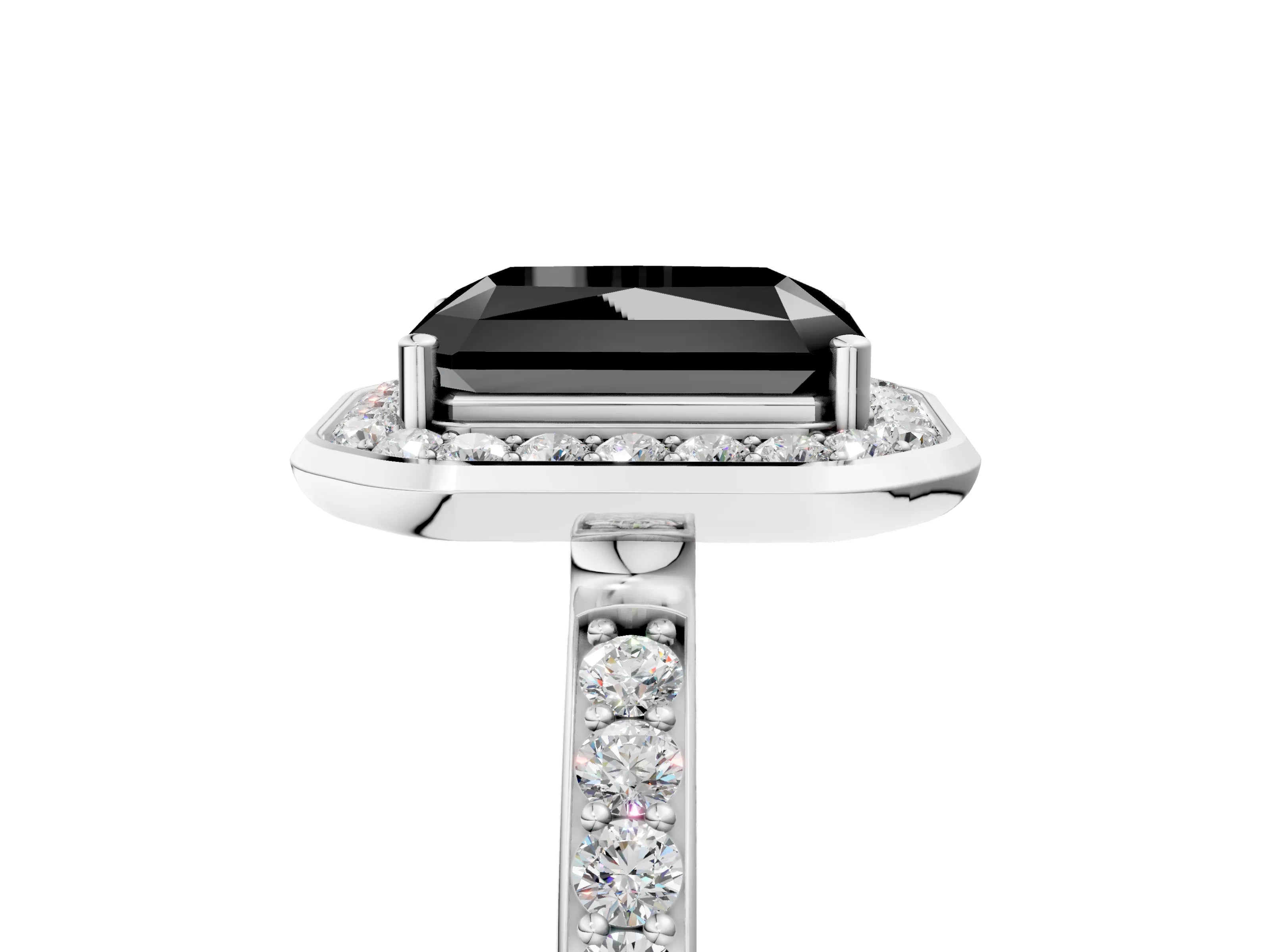 White gold Fancy Black Radiant Cut Diamond Halo Ring with Bezel Frame and Pavé Band_5