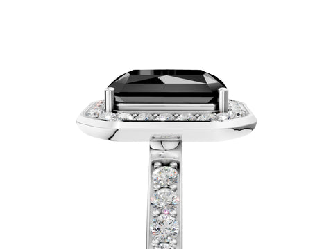 White gold Fancy Black Radiant Cut Diamond Halo Ring with Bezel Frame and Pavé Band_5