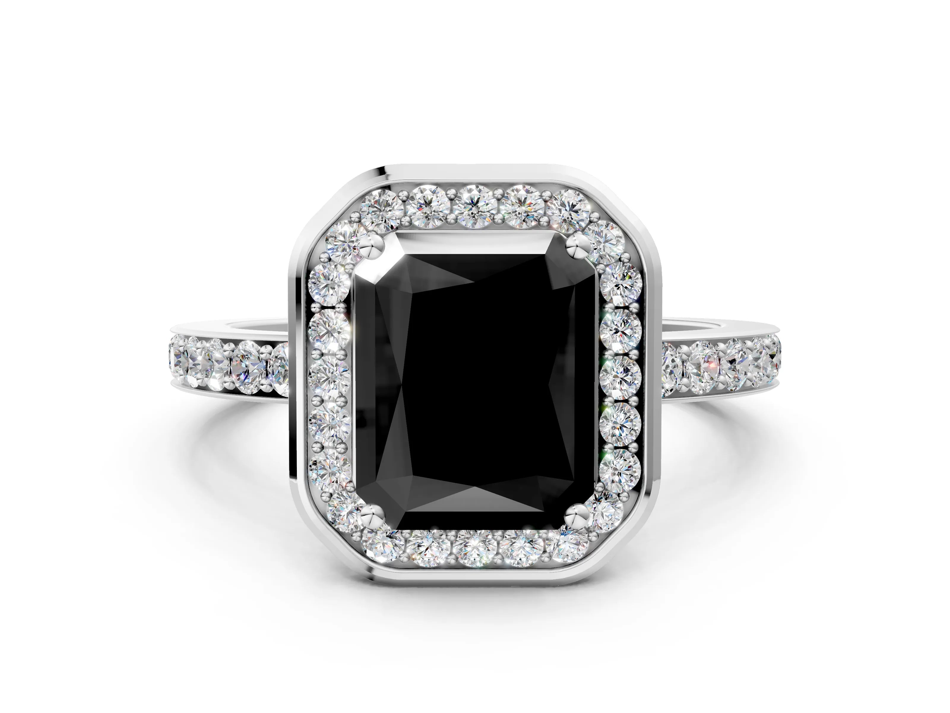 White gold Fancy Black Radiant Cut Diamond Halo Ring with Bezel Frame and Pavé Band