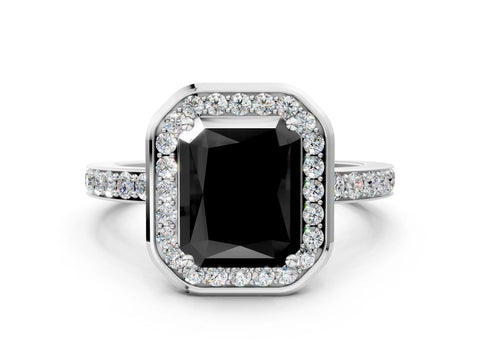 White gold Fancy Black Radiant Cut Diamond Halo Ring with Bezel Frame and Pavé Band