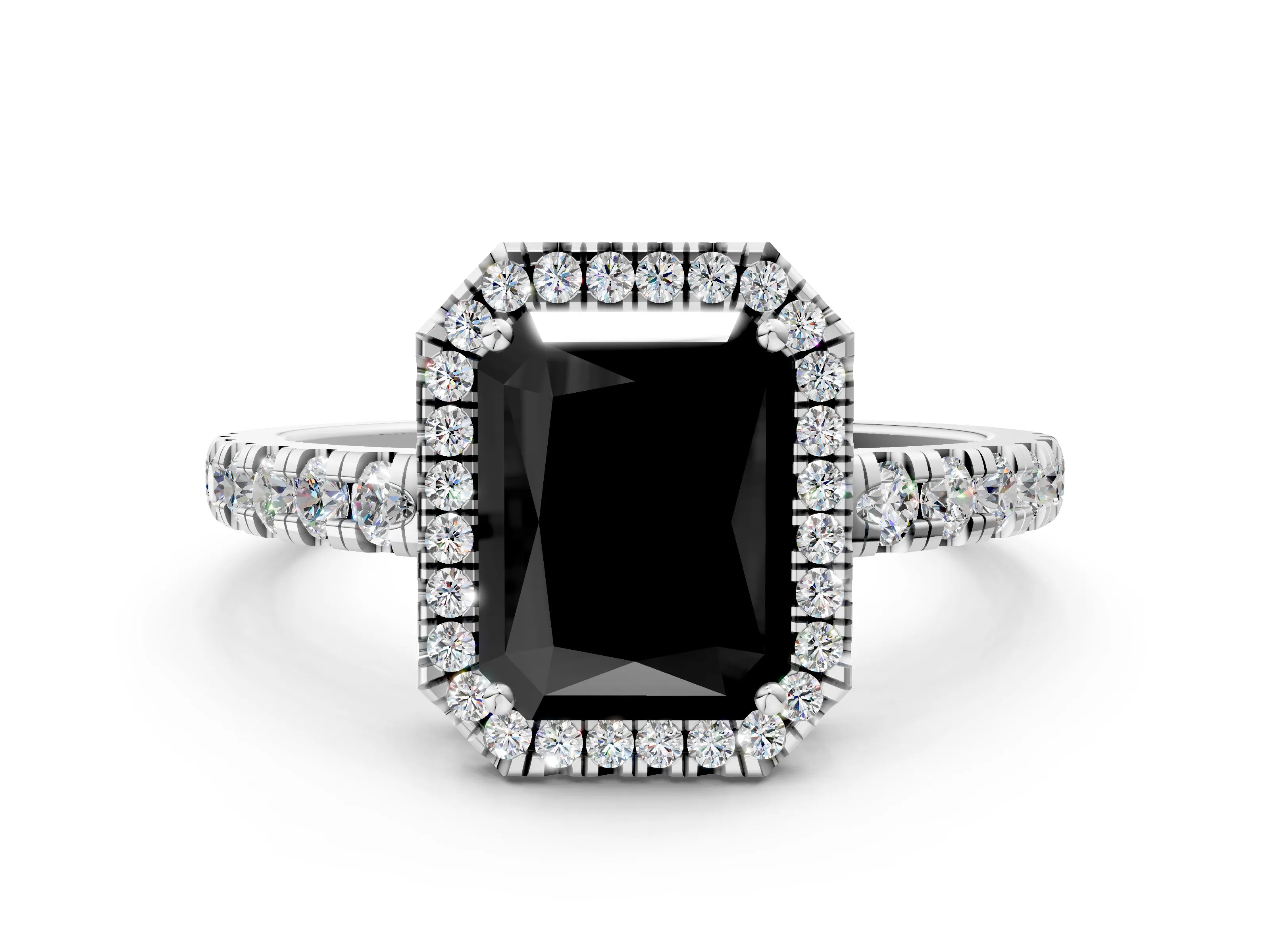 White gold Fancy Black Radiant Cut Diamond Halo Ring with Pavé Band and Four-Prong Setting