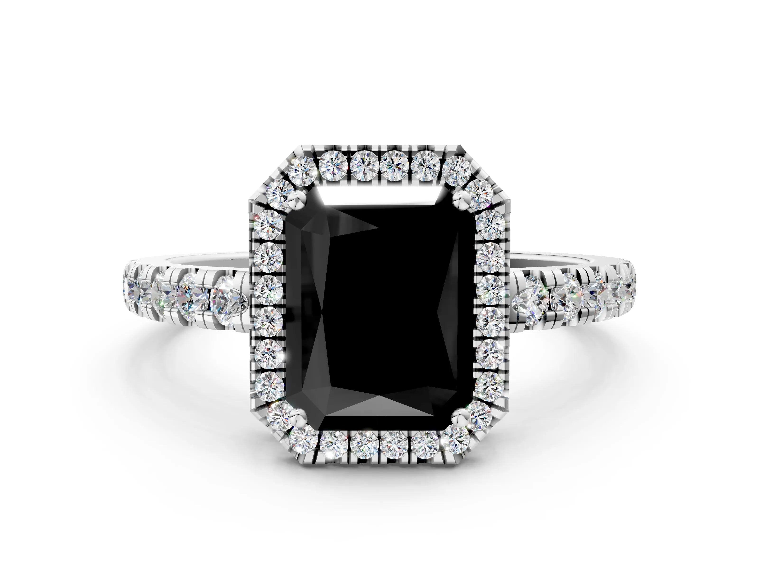 White gold Fancy Black Radiant Cut Diamond Halo Ring with Pavé Band and Four-Prong Setting_12