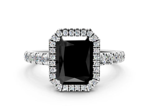 White gold Fancy Black Radiant Cut Diamond Halo Ring with Pavé Band and Four-Prong Setting_12