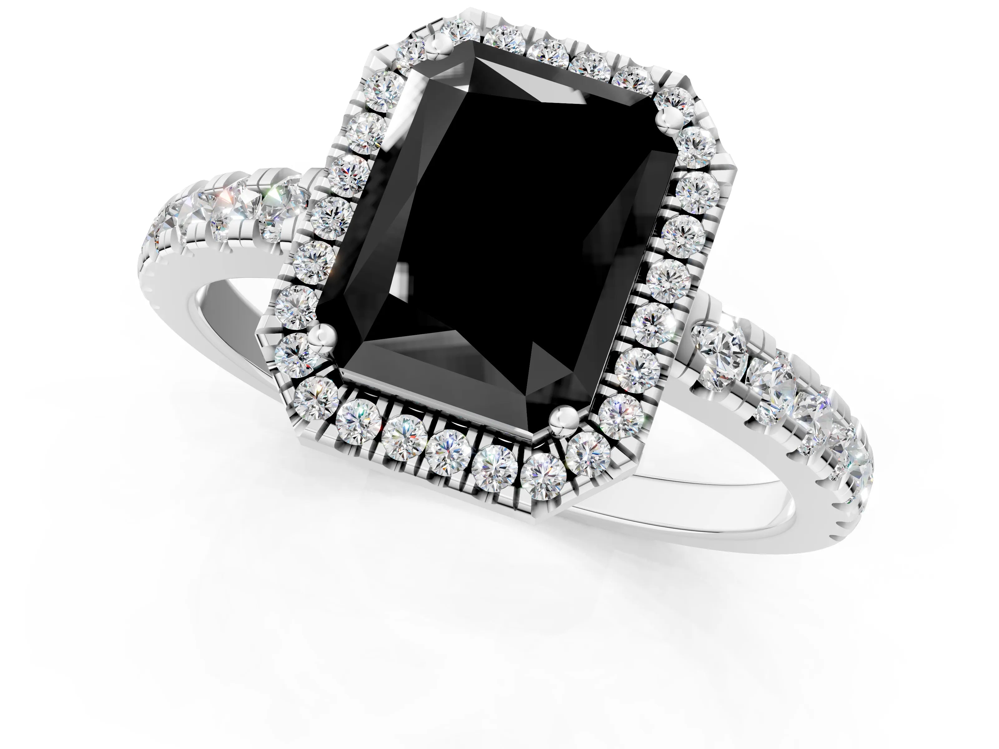White gold Fancy Black Radiant Cut Diamond Halo Ring with Pavé Band and Four-Prong Setting_13