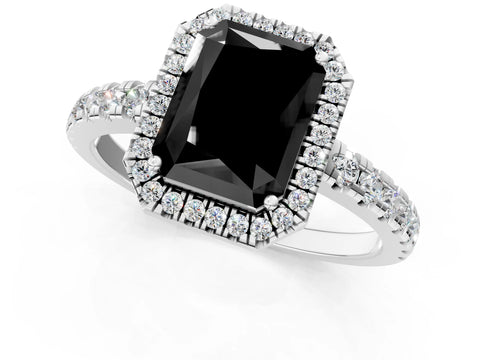 White gold Fancy Black Radiant Cut Diamond Halo Ring with Pavé Band and Four-Prong Setting_13
