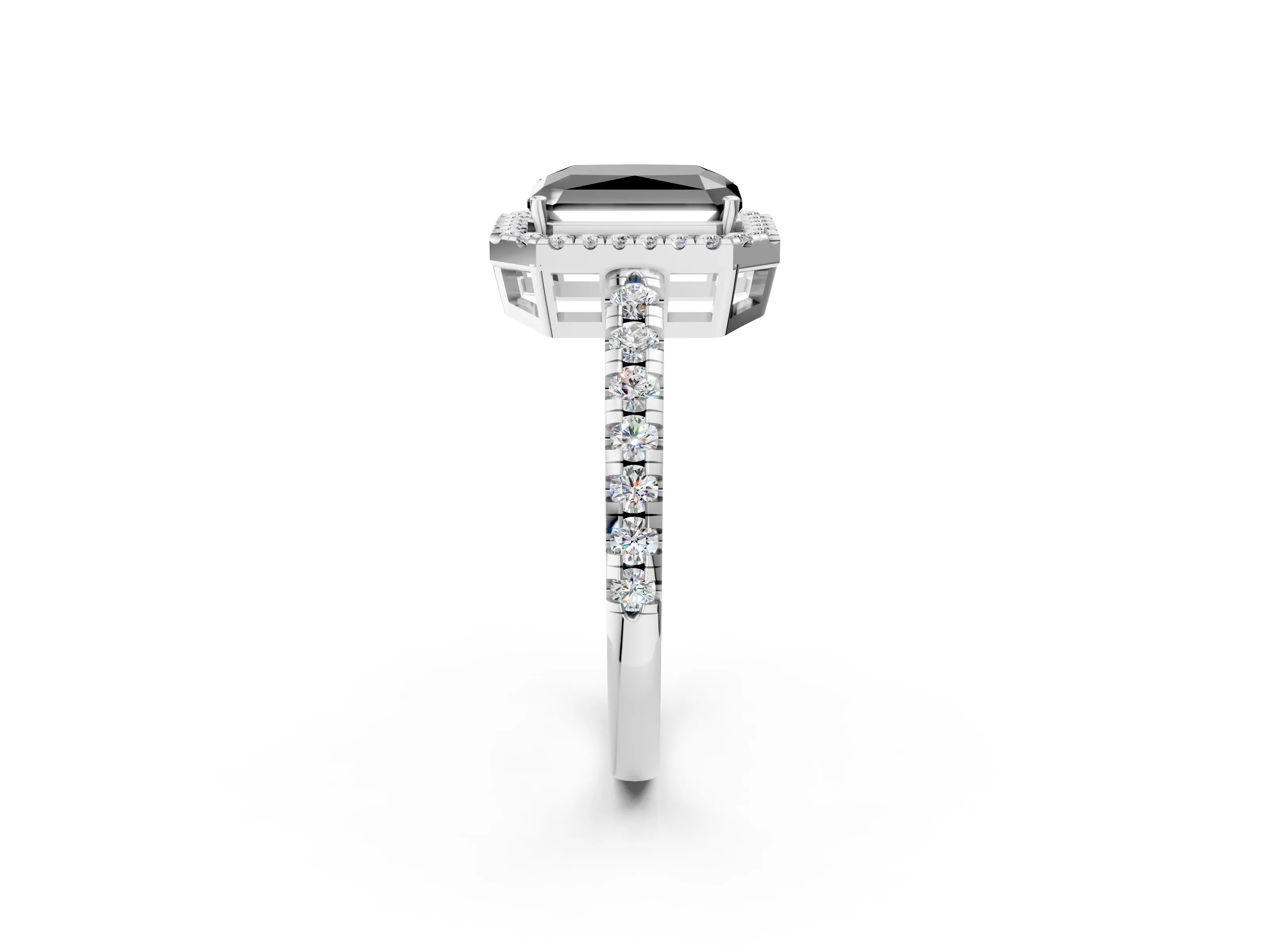 White gold Fancy Black Radiant Cut Diamond Halo Ring with Pavé Band and Four-Prong Setting_14