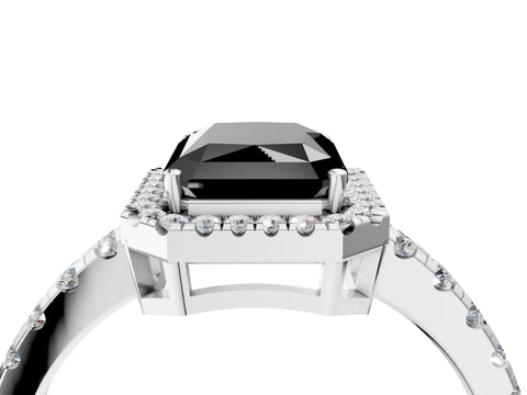 White gold Fancy Black Radiant Cut Diamond Halo Ring with Pavé Band and Four-Prong Setting_16
