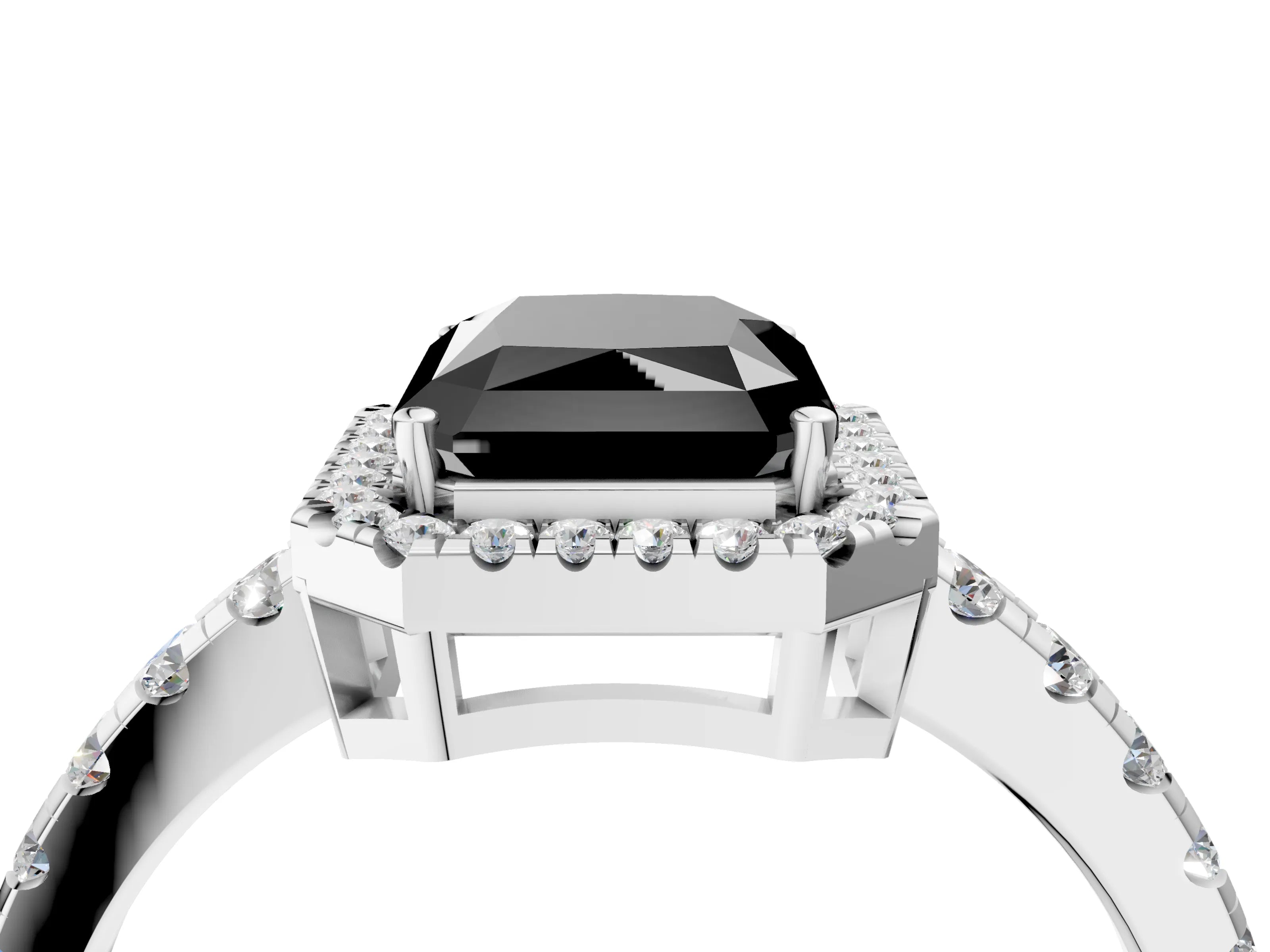 White gold Fancy Black Radiant Cut Diamond Halo Ring with Pavé Band and Four-Prong Setting_16