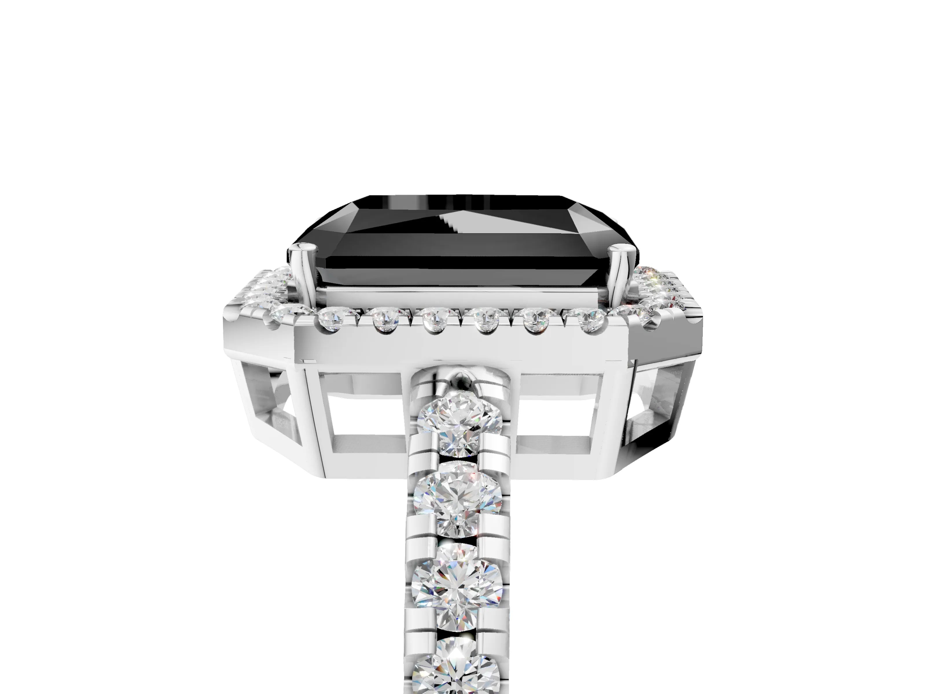 White gold Fancy Black Radiant Cut Diamond Halo Ring with Pavé Band and Four-Prong Setting_17