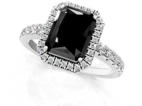 White gold Fancy Black Radiant Cut Diamond Halo Ring with Pavé Band and Four-Prong Setting_1