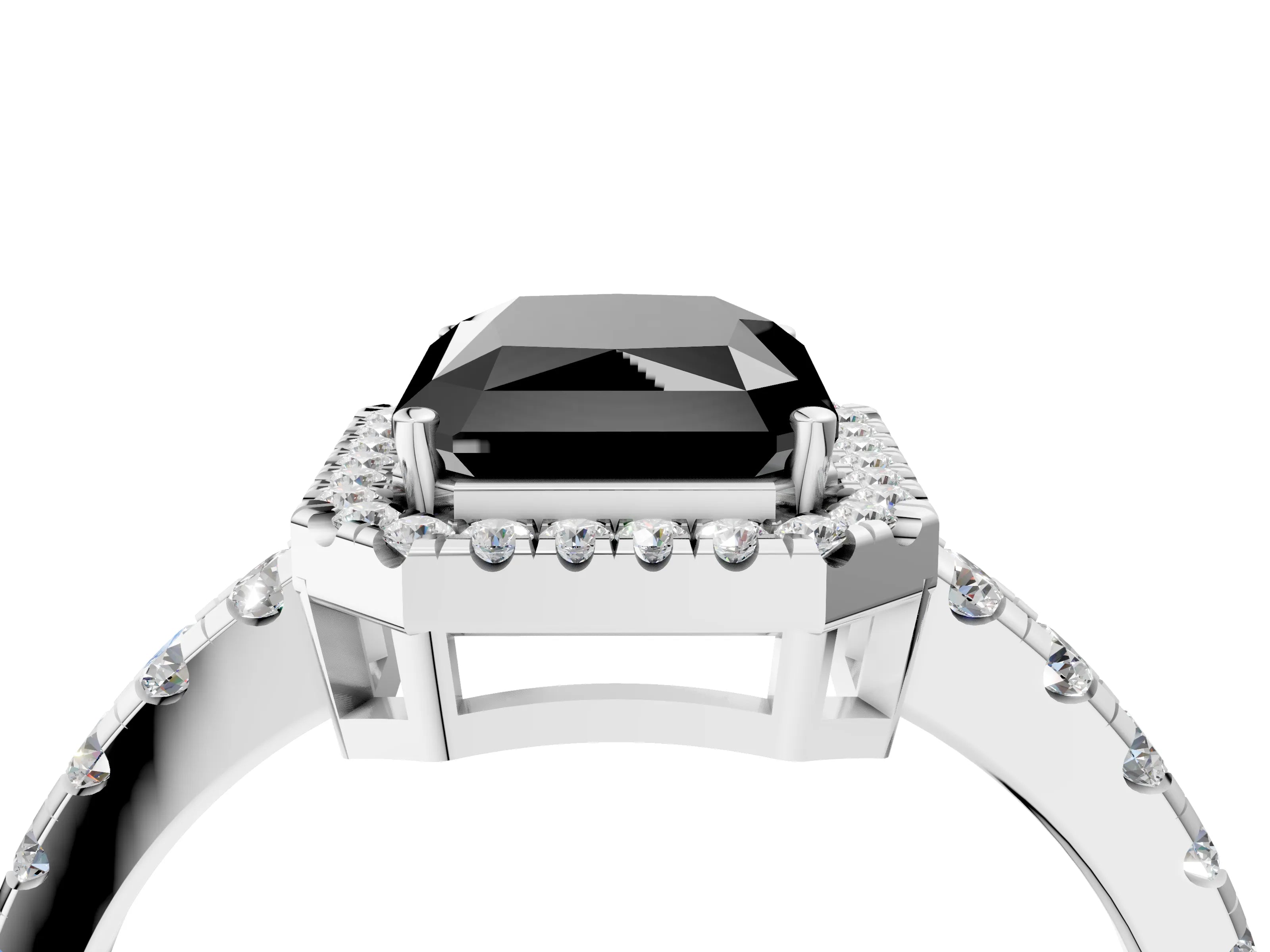 White gold Fancy Black Radiant Cut Diamond Halo Ring with Pavé Band and Four-Prong Setting_4