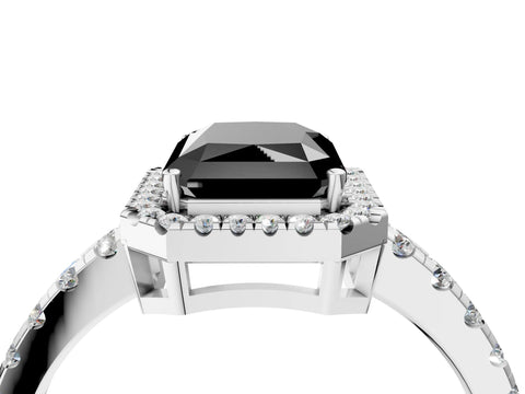 White gold Fancy Black Radiant Cut Diamond Halo Ring with Pavé Band and Four-Prong Setting_4
