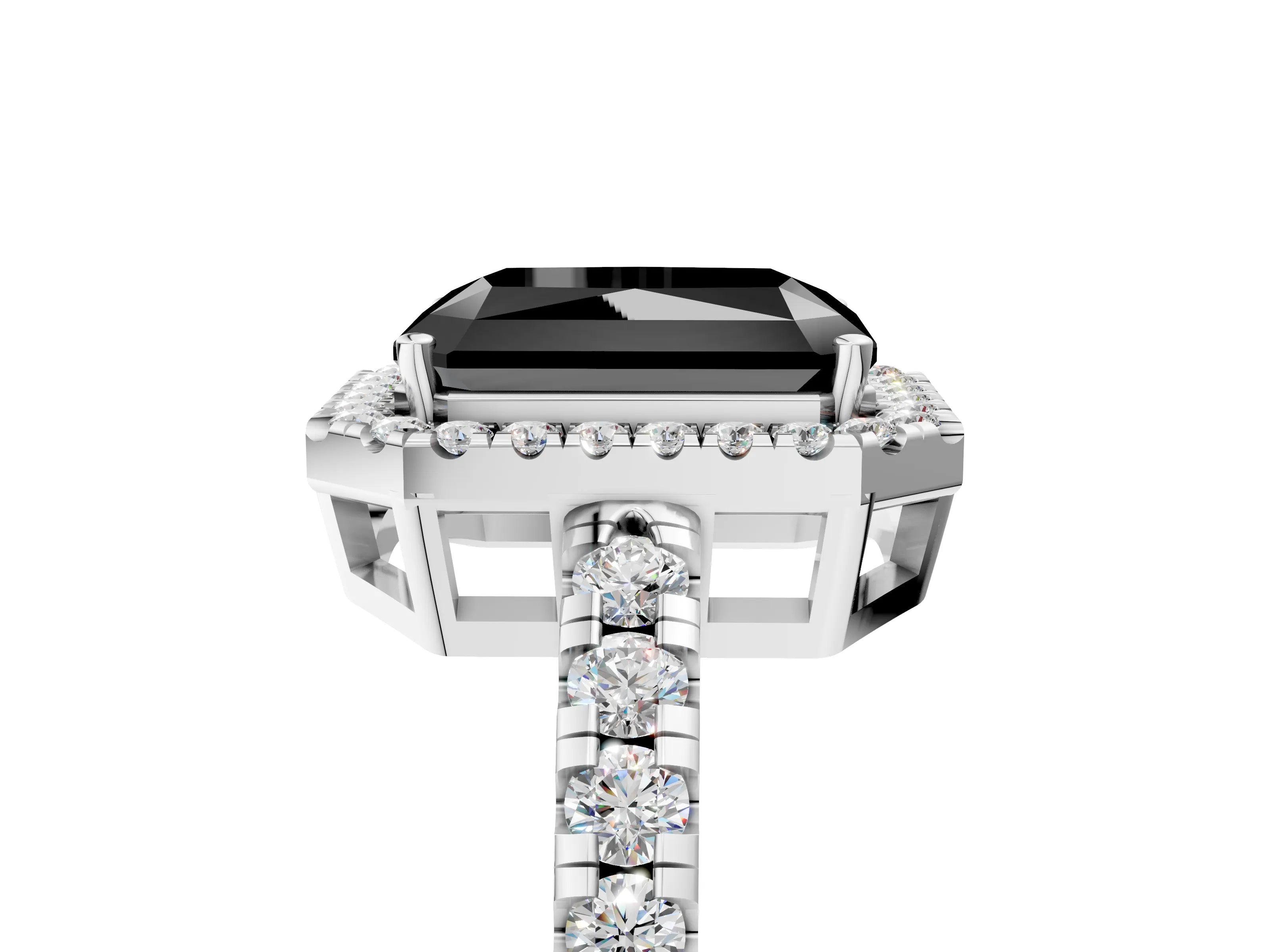 White gold Fancy Black Radiant Cut Diamond Halo Ring with Pavé Band and Four-Prong Setting_5