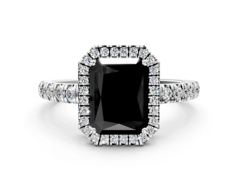 White gold Fancy Black Radiant Cut Diamond Halo Ring with Pavé Band and Four-Prong Setting