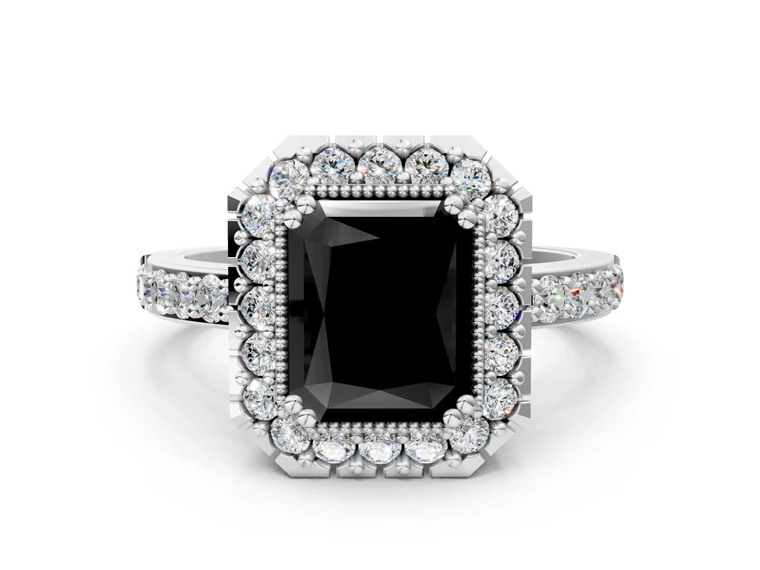 White gold Fancy Black Radiant Cut Diamond Halo Ring with Pavé Band and Prong Setting_12