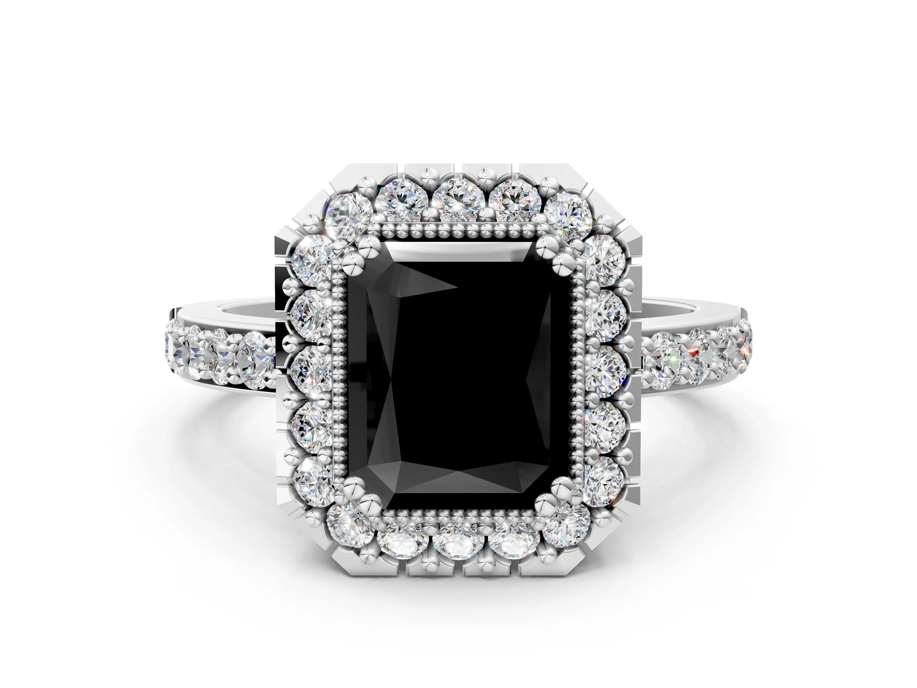 White gold Fancy Black Radiant Cut Diamond Halo Ring with Pavé Band and Prong Setting_12