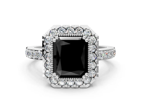 White gold Fancy Black Radiant Cut Diamond Halo Ring with Pavé Band and Prong Setting_12