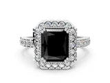 White gold Fancy Black Radiant Cut Diamond Halo Ring with Pavé Band and Prong Setting_12